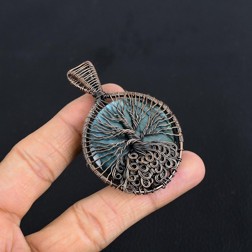 Tree Of Life Labradorite Pendant, Handmade Gemstone 999 Copper Wire Wrapped Pendant Antique Jewelry, For Gift Silver Jewelry