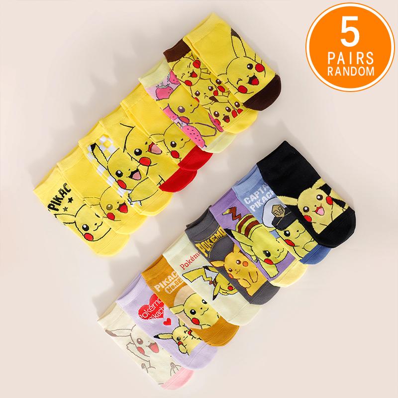 5 Pairs Four Seasons Women's Fashion Cartoon Anime Pok É Mon Versatile Sweet and Cute Pikachu Casual Breathable Straight Socks