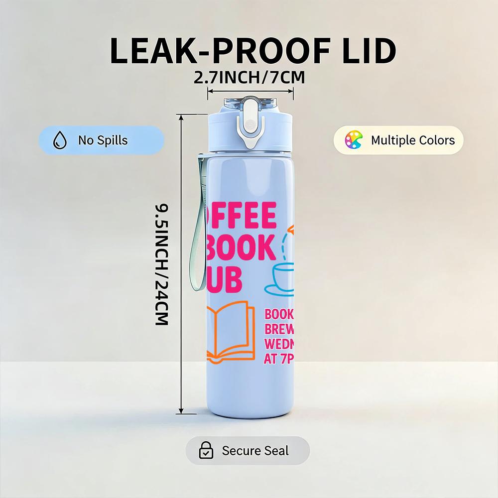 1PC Coffee Book Club Text Graphic,750ml Color Plastic Sports Water Bottle,Leakproof Flip Straw Lid,Suitable for Sports Office Home Use