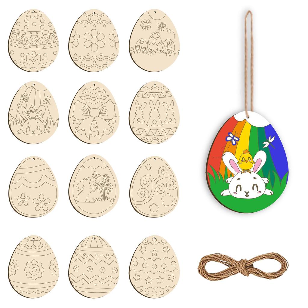 30/36/60pcs 1 Set Wooden Wooden Easter Pendant DIY Painting Craft Easter Hanging Ornament Happy Easter Rabbit Easter Egg Pendant