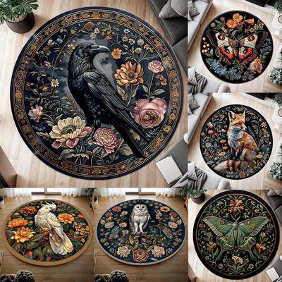 Круглый ковер с цветочным дизайном и какаду, моющийся ковер в стиле бохо винтаж с воронами для гостиной, спальни, домашнего декора, напольный коврик