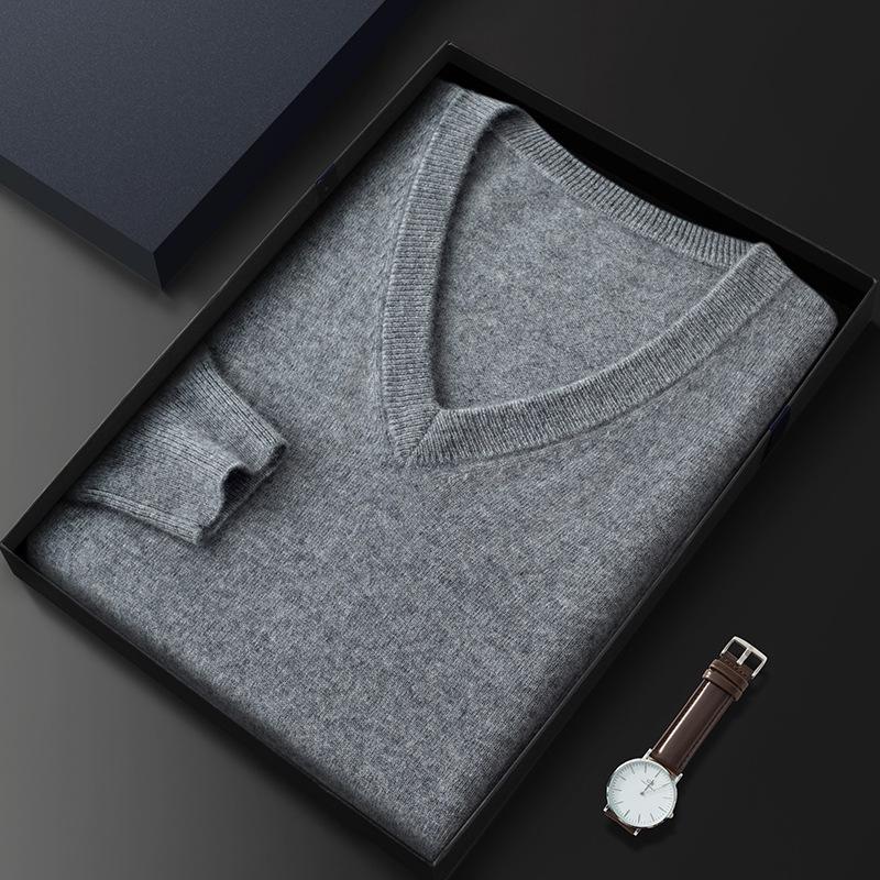 Men's V-Neck Cashmere Sweater - Long-Sleeved Business Knit for Autumn and Winter
