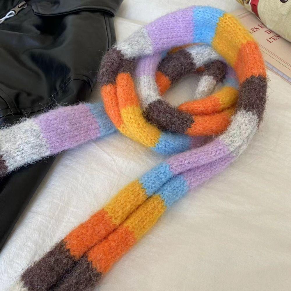 Rainbow Color Y2K Striped Scarf Harajuku Style Stripe Shawl Punk Long Narrow Scarves Girl