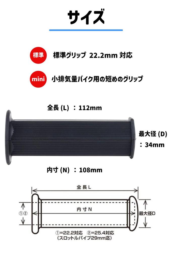 Kijima 201-6711 Motorcycle Parts Hexagon Mini Grip, 4.4 x 0.8 inches (112 x 22.2 mm), Non-Piercing, Universal Use, Black