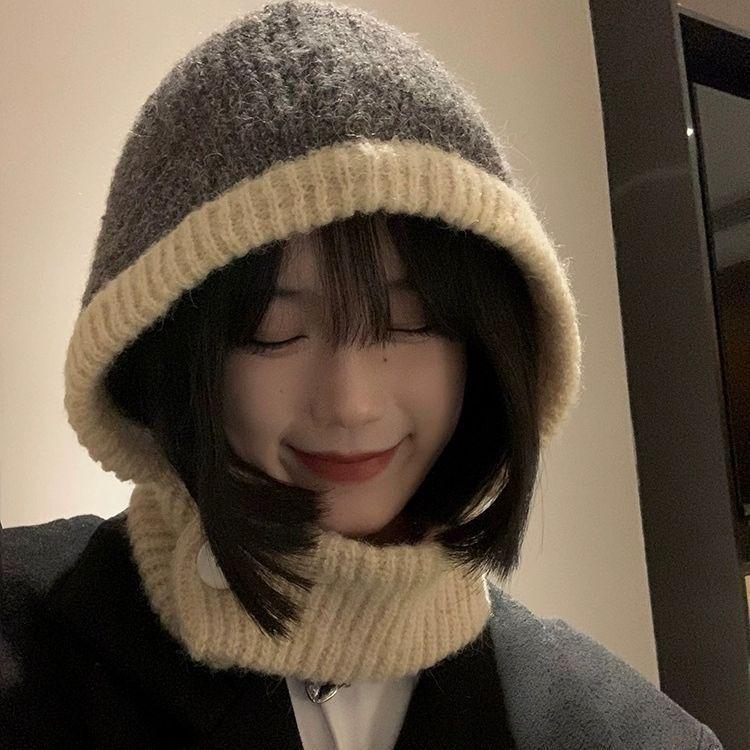 Осенне-зимняя балаклава, женская теплая шапка-шарф, интегрированная, для пары, для велоспорта, с защитой ушей, вязаная шерстяная шапка