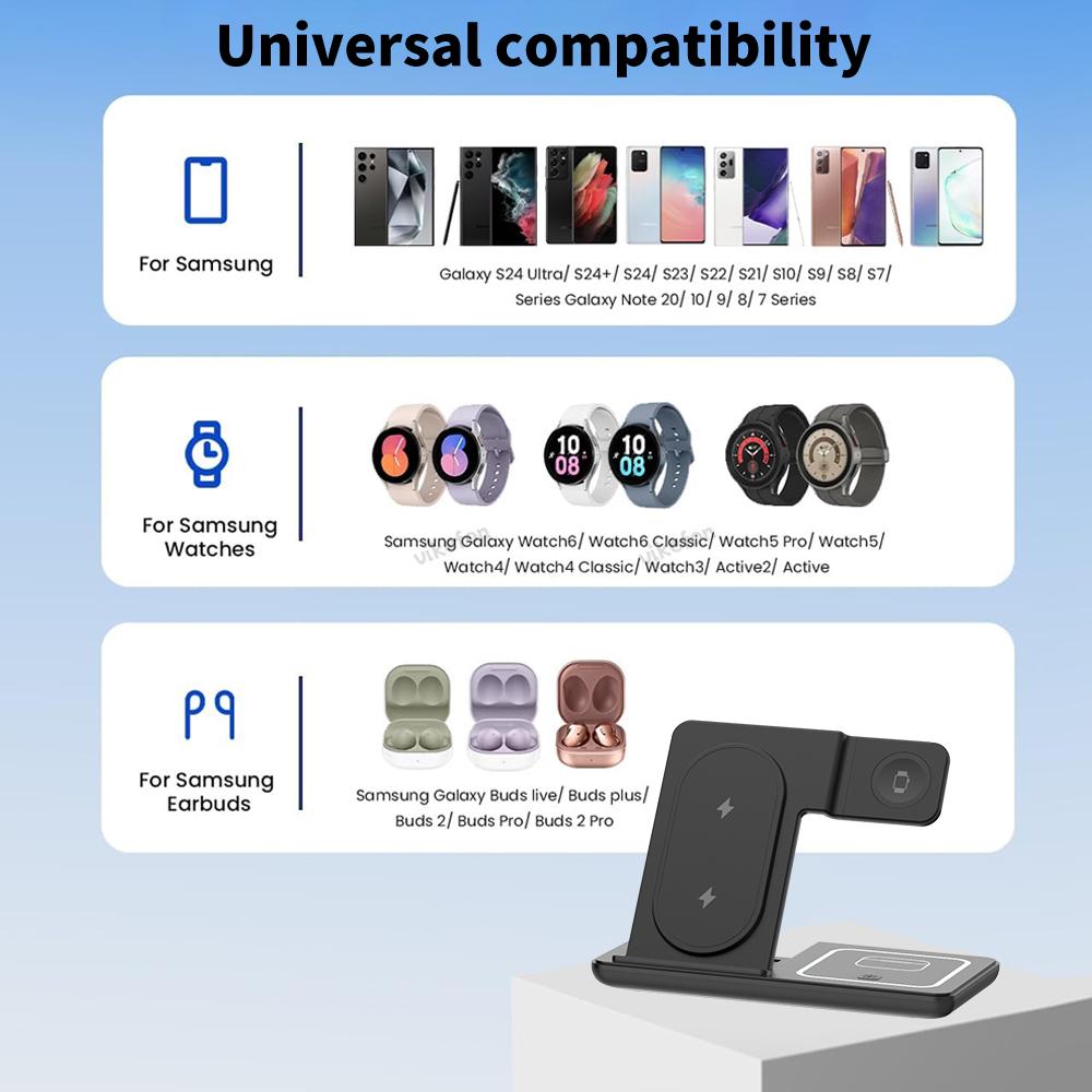 Складная настольная подставка 3 в 1 для беспроводной зарядки для Samsung S24 S23 Galaxy Watch 2-8 Active 1 2 Buds Pro LED станция быстрой зарядки