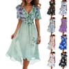 Women's Fashion Casual V Neck Short Sleeve Ruffled Vintage Printed Dresses