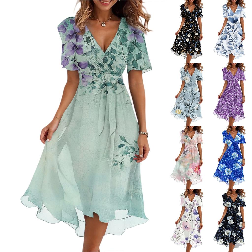 Women's Fashion Casual V Neck Short Sleeve Ruffled Vintage Printed Dresses