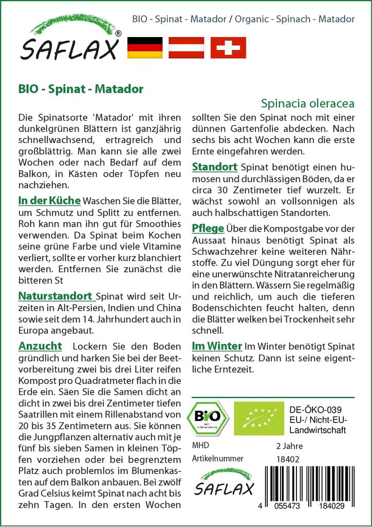 SAFLAX Garden in the Bag - Органический - Шпинат - Матадор - 300 семян - С субстратом в подходящем пакете - Spinacia oleracea