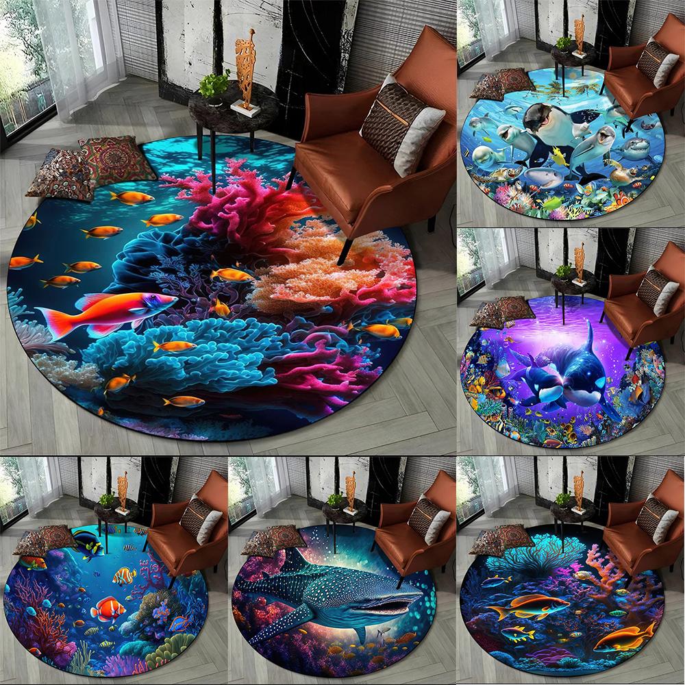 Underwater World Dolphin Cartoon Round Carpet Living Room Bedroom Anti-Slip Mat Home Decoration Bathroom Absorbent Floor Mat