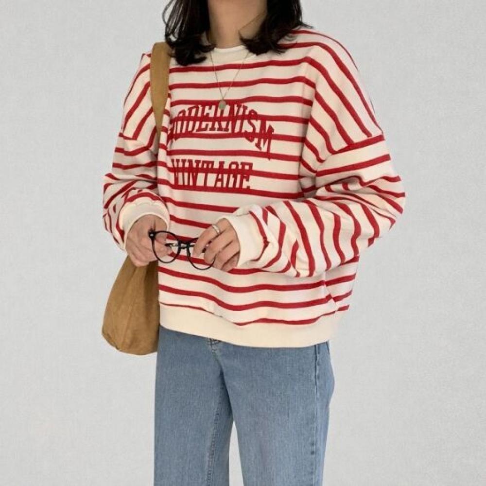 Mizqz Men Loose Fit Long Sleeve Round Neck Stripe Sweatshirt