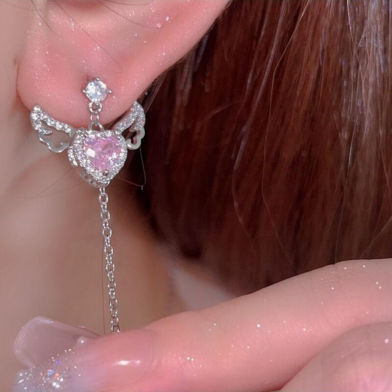 Женские серьги Jwer Hearts Wings с розовыми стразами, длинные серьги с подвеской в виде сердца, трендовые серебряные серьги для пар, подарок на вечеринку, ювелирные изделия