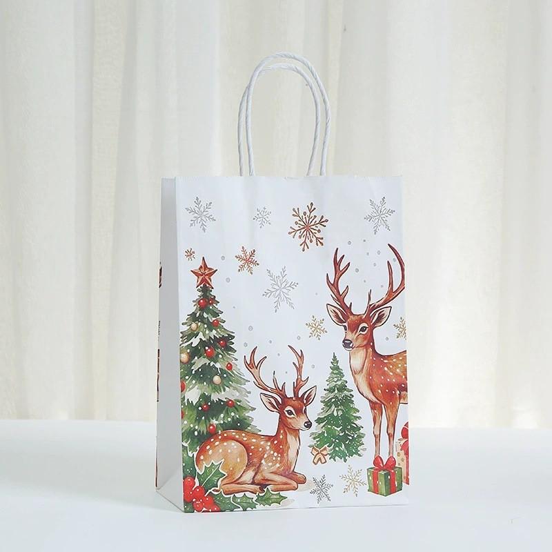 Christmas Printed Kraft Paper Gift Bag With Handle Small Size Tote Holiday