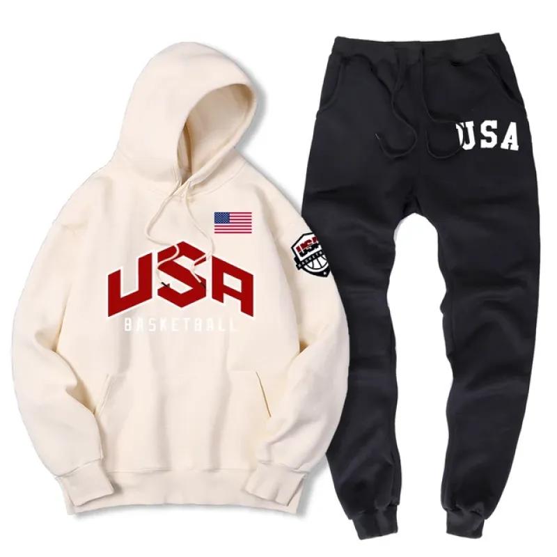 США баскетбольная уличная спортивная одежда с принтом спортивный костюм мужской теплый комплект из двух предметов свободная толстовка с капюшоном брюки комплект спортивный костюм с капюшоном