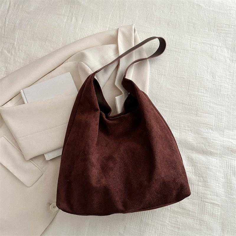 Yogodlns Vintage Women's Bag Large Capacity Suede Shoulder Bag Solid Color Simple Design Casual Commuter Shopper Tote