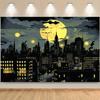 Superhero City Skyline with Bat Background - Bright polyester party banner, suitable for photography, birthdays and events