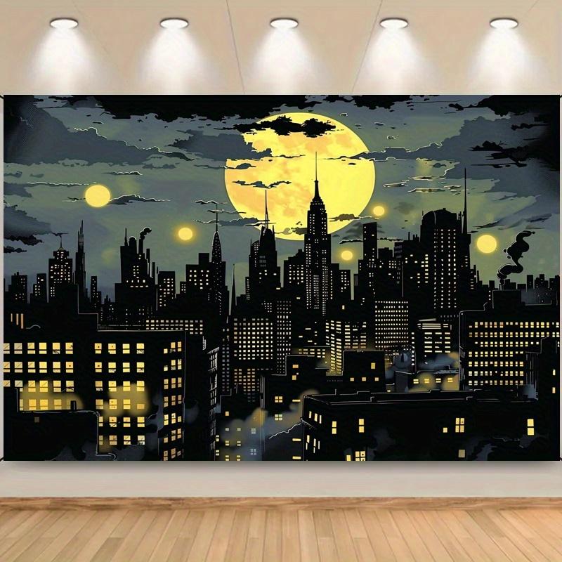 Superhero City Skyline with Bat Background - Bright polyester party banner, suitable for photography, birthdays and events
