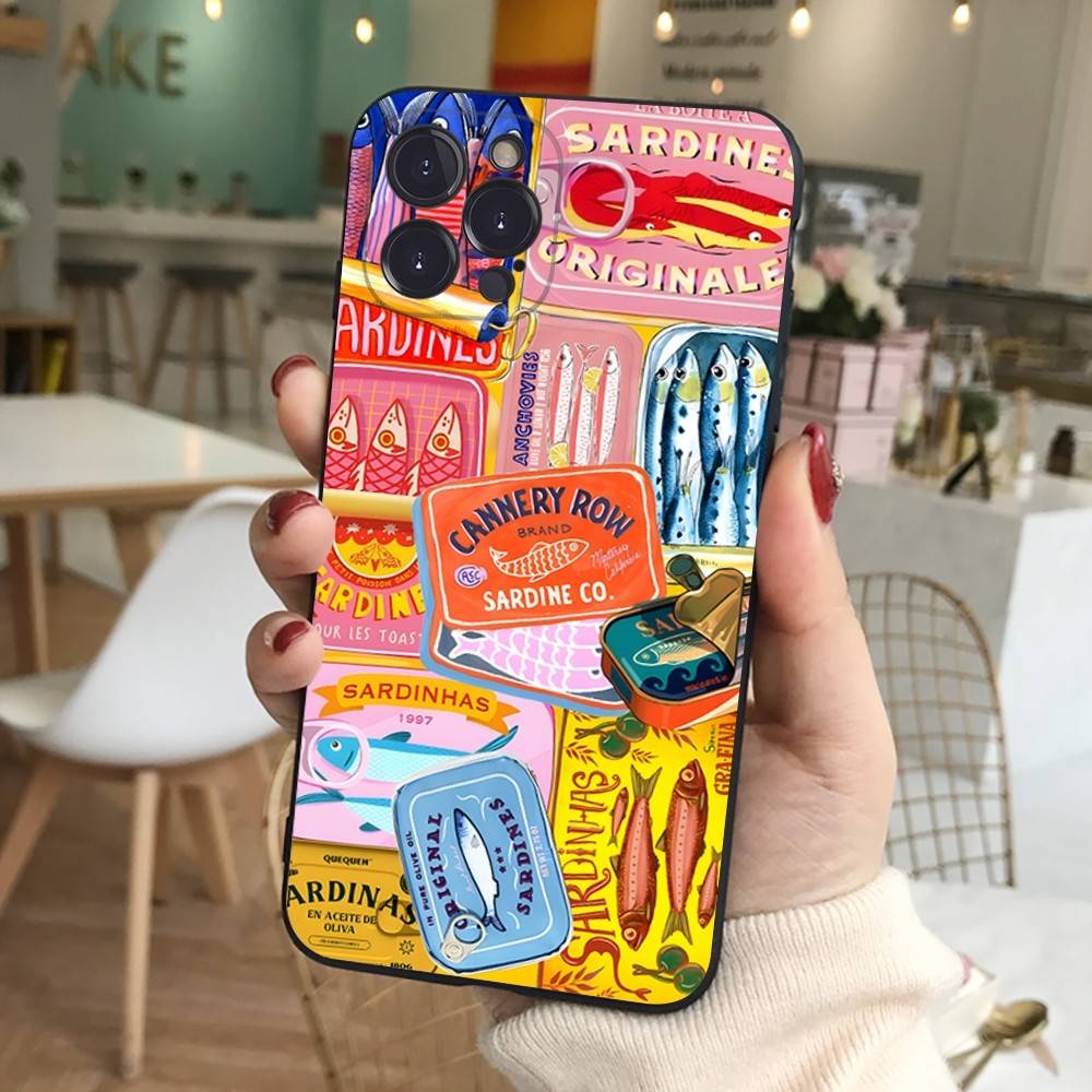 Силиконовый чехол для телефона с сардинами для iPhone 11 12 13 14 15 16 17 Pro Max Черный чехол
