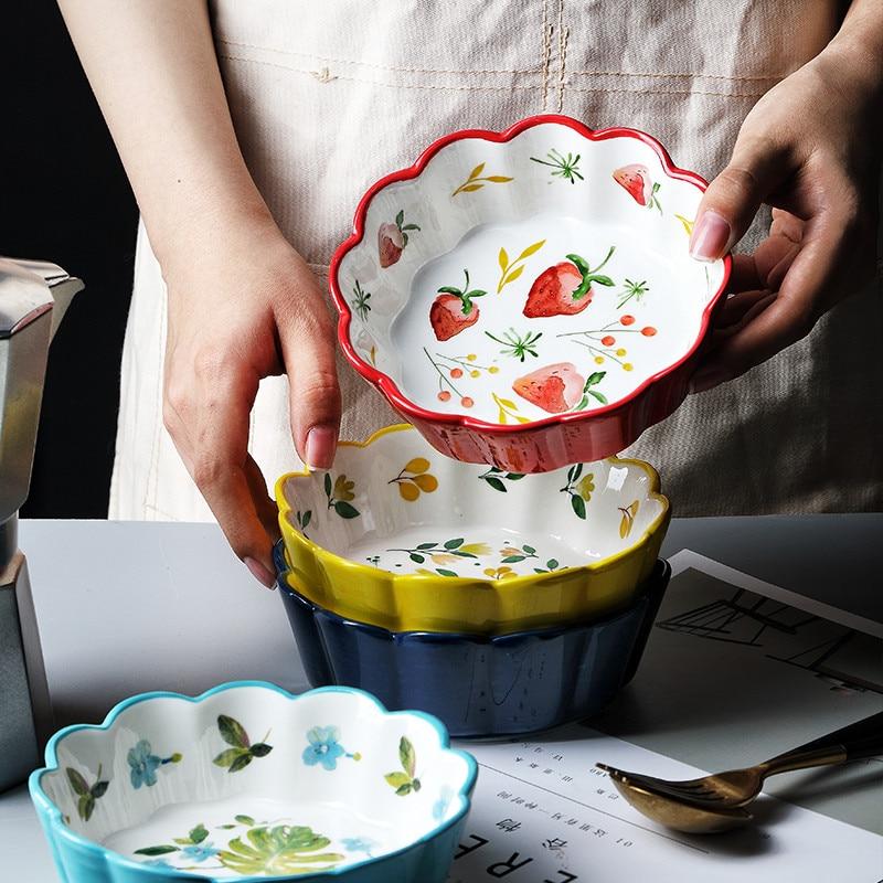 Скандинавская простая керамическая миска для торта с ручной росписью, красочная фарфоровая миска для супа с фруктами, кружевная миска для риса с закусками, посуда
