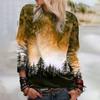 Women Autumn Tops Loose Cat Beautiful Forest Print Causal Long Sleeve T-shirt Top Blouse