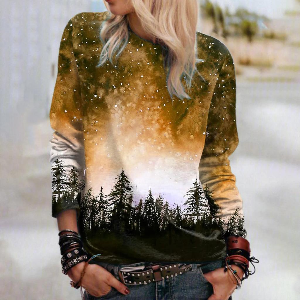 Women Autumn Tops Loose Cat Beautiful Forest Print Causal Long Sleeve T-shirt Top Blouse