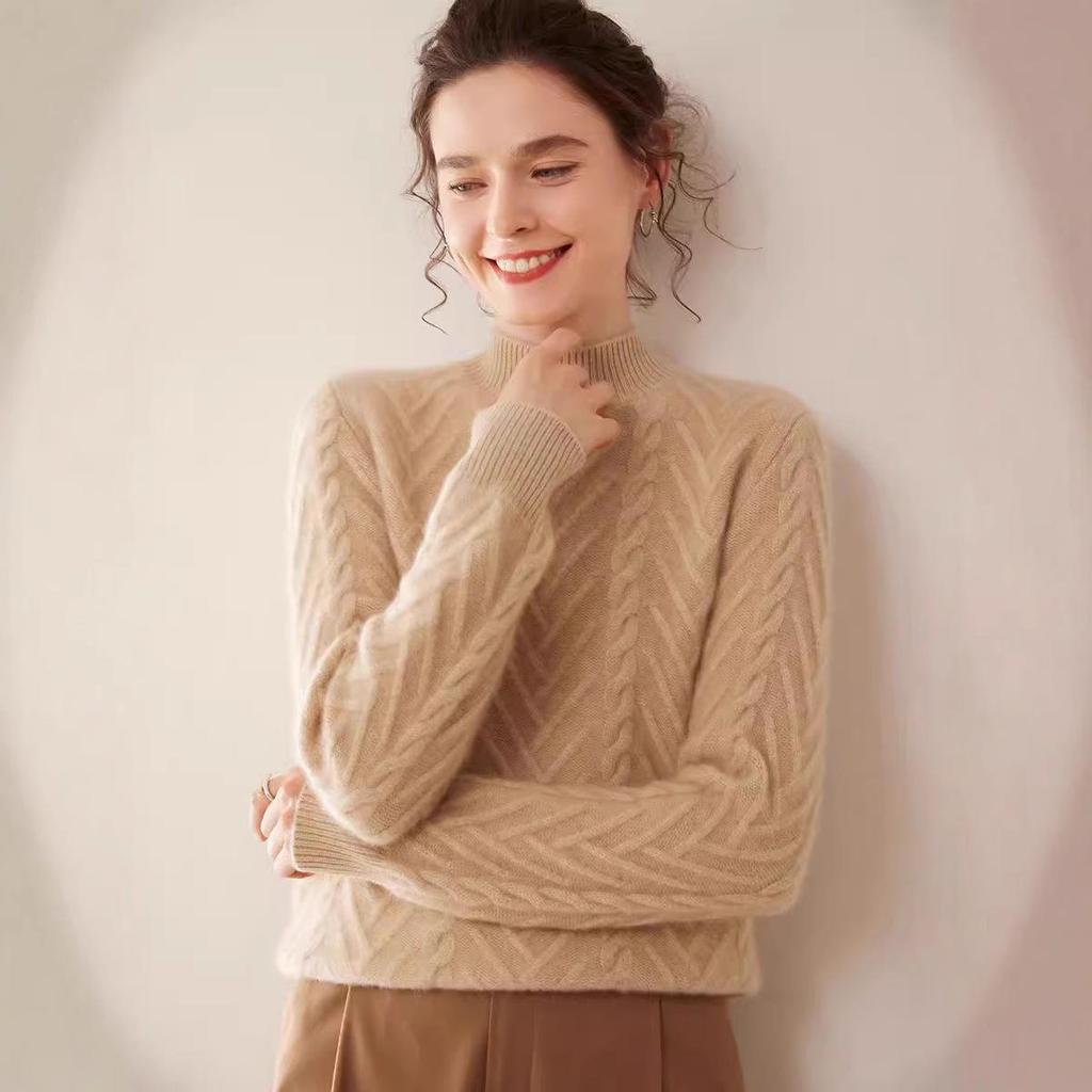 Women's Thickened Cable Knit Cashmere Sweater - Half-High Neck, Loose Fit, Solid Color, Perfect for Autumn and Winter.