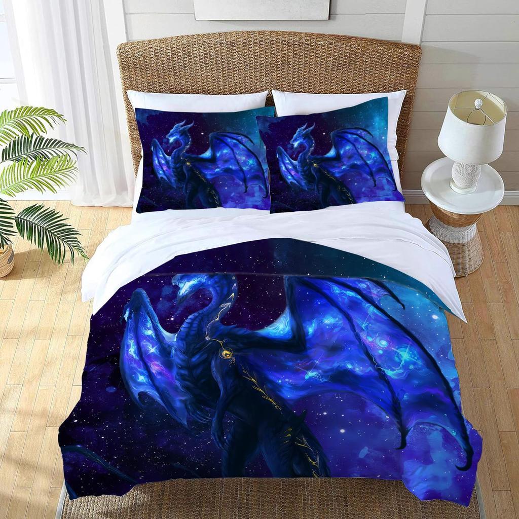 Longtu Three-Piece Quilt Cover 3D Digital Printing Bedding Set Blue Bed Cover
