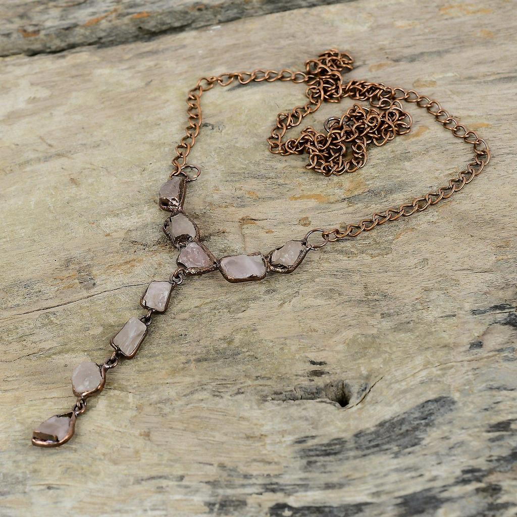 Грубое ожерелье из розового кварца, медное ожерелье, изготовленное гальваническим методом, регулируемое ожерелье-цепочка, ювелирные изделия ручной работы, ожерелье из драгоценных камней, изготовленное гальваническим методом для подарка