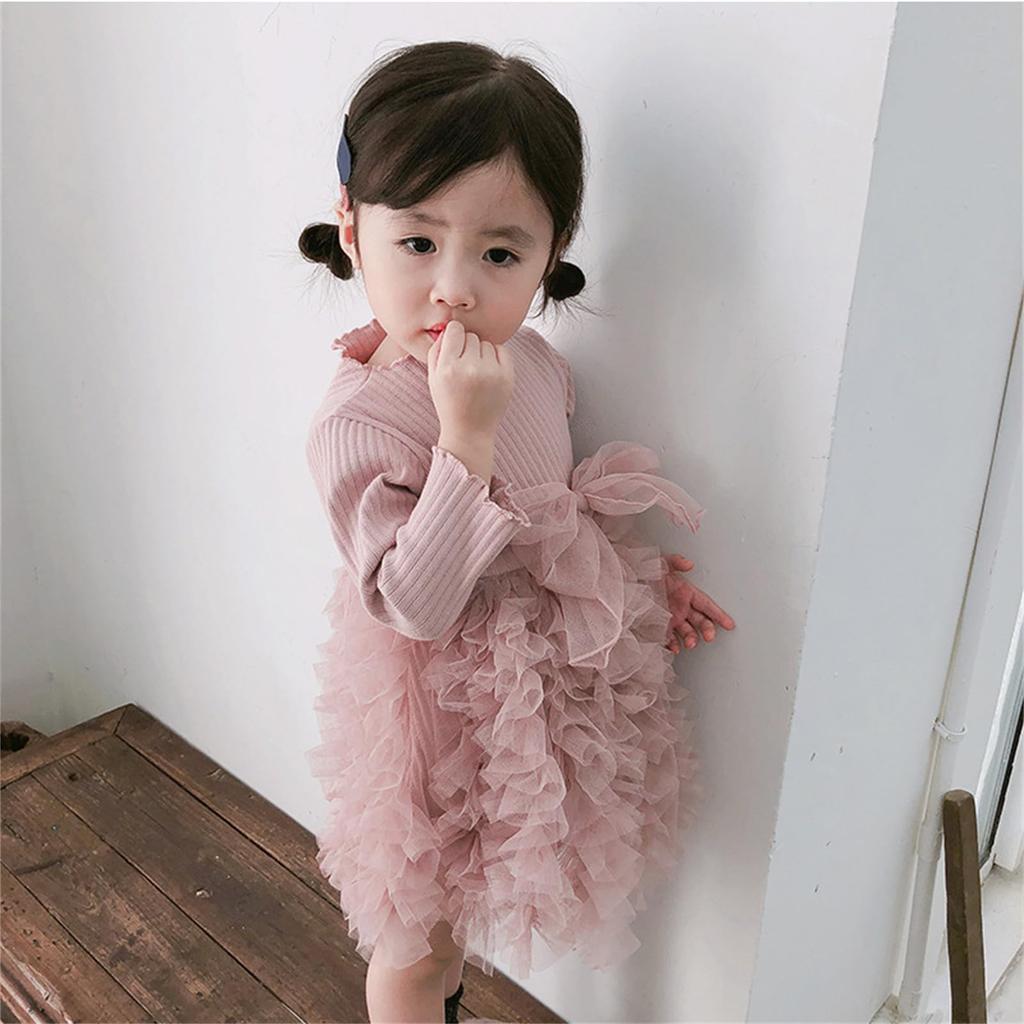 Miipat Baby Knit Tulle Long Sleeve Formal Perfect for Shrine Kindergarten Entrance and Photo Shoots Size Girl's Dress, Autumn/Winter Dress, Visits,