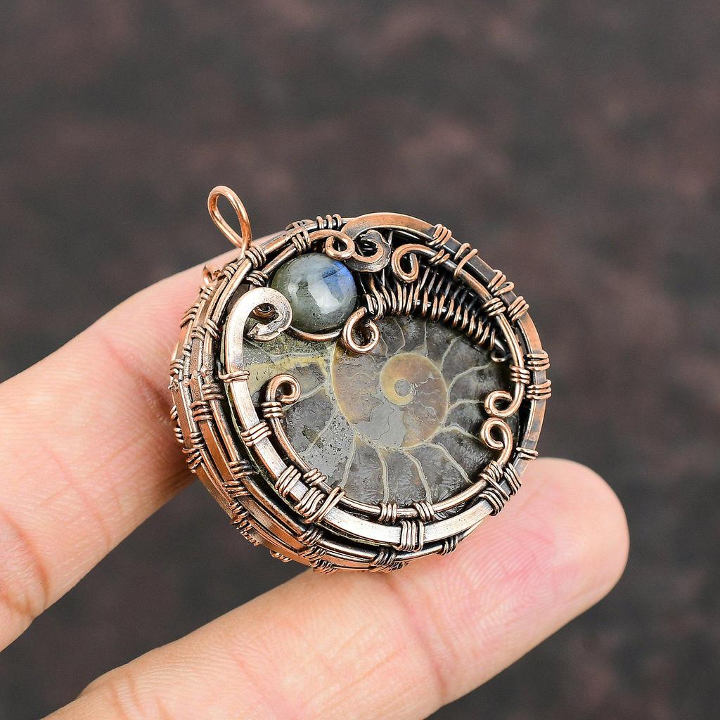 Ammonite Fossil Copper Pendant Copper Wire Wrapped Pendant Rainbow Moonstone Jewelry Handmade Pendant For Gift Labradorite Gemstone Jewelry