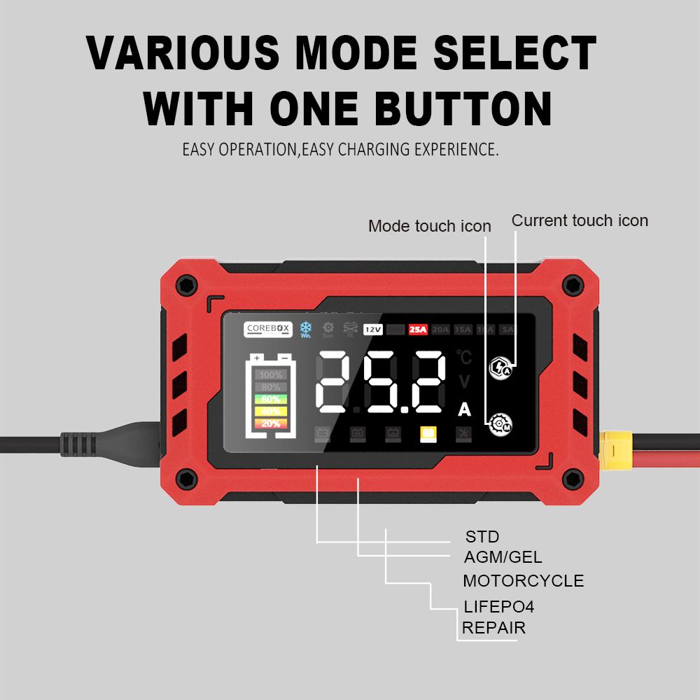 12 В-24 В 25 А / 15 А автомобильное зарядное устройство усилитель сенсорный экран импульсный ремонт быстрая зарядка для AGM GEL свинцово-кислотных LiFePO4