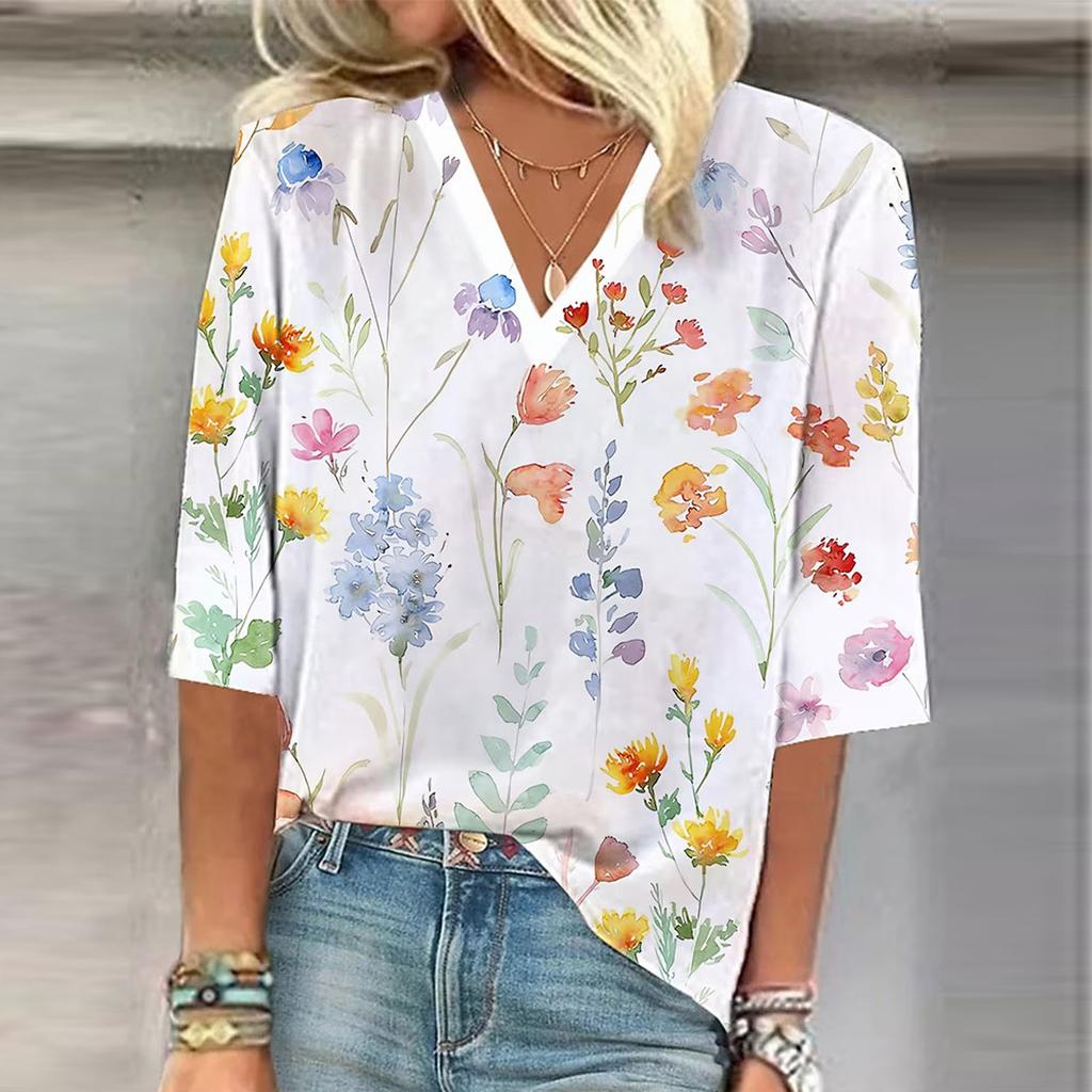 Женская рубашка, блузка, повседневные свободные рубашки, рукава 3/4, топы с v-образным вырезом и принтом, топы с принтом, футболки, футболки