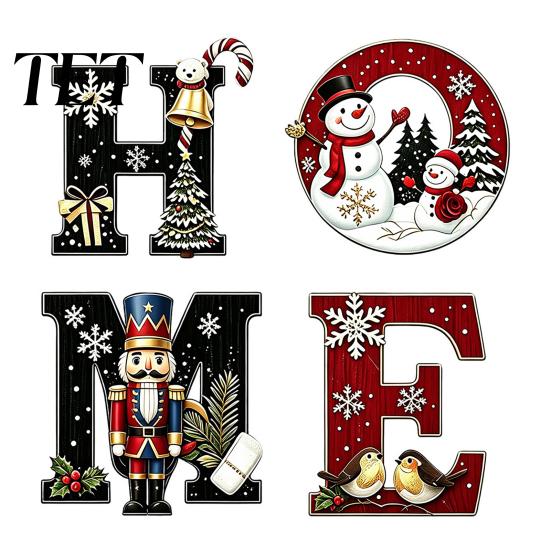 Christmas Wall Decorations 4Pcs HOME Wooden Letter Decor, Hanging Sign with Nutcracker Snowman Waterproof Porch Ornaments Tree Art, Farmhouse Holiday