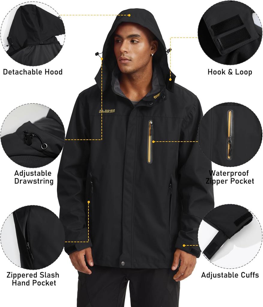 Demi-season Long Jacket Men's Hooded Windproof Water Resistant Rain Jacket Windbreaker 5 Pockets for Hiking,Fishing,Travel