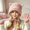 Cat Ear Strap Beanie Hat Windproof Winter Pullover Hat Casual Knitted Woolen Cap  for Women Girls