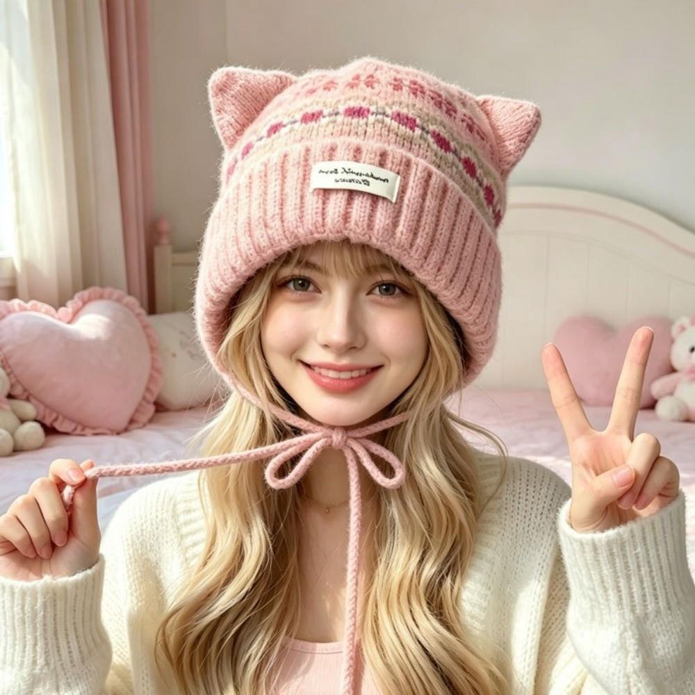 Cat Ear Strap Beanie Hat Windproof Winter Pullover Hat Casual Knitted Woolen Cap for Women Girls