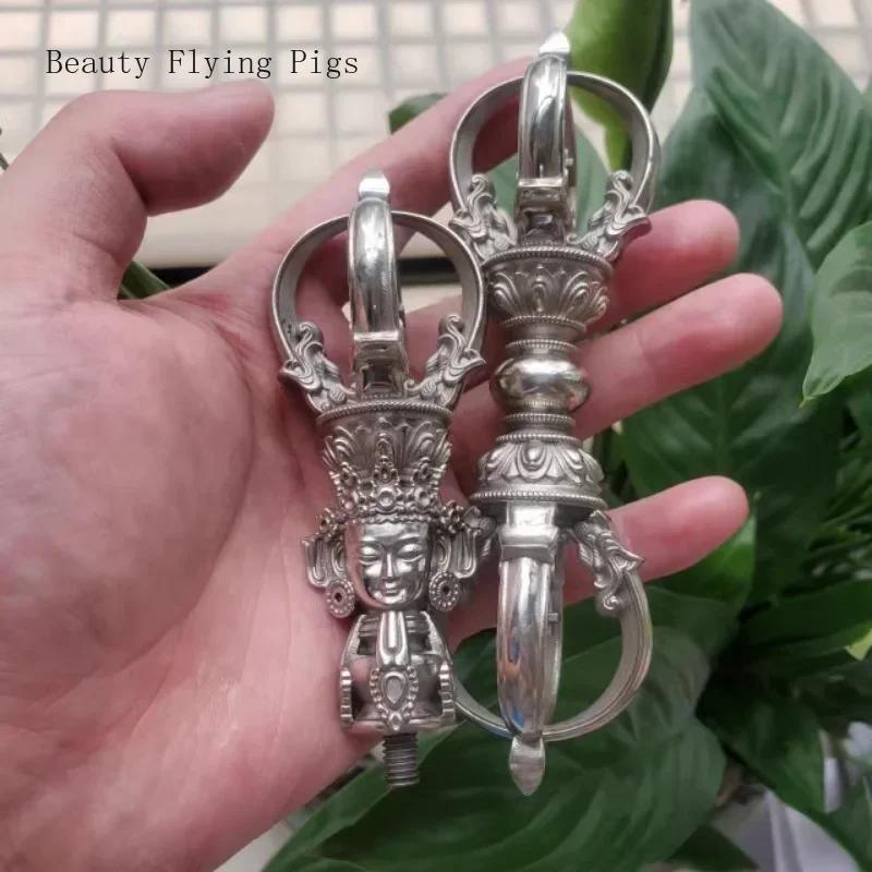 1PCS Craftsmanship Tibetan White Copper Diamond Bell and Pestle Precision Nine Leg Bell Feng Shui Ornament
