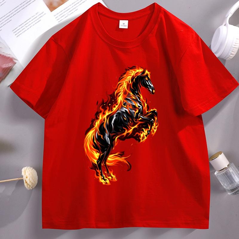 Fire Horse Graphic T Shirts Flaming Printed Tshirt Unisex Unisex Cotton Short Sleeve Round Neck Tshirt Comfortable Streetwear