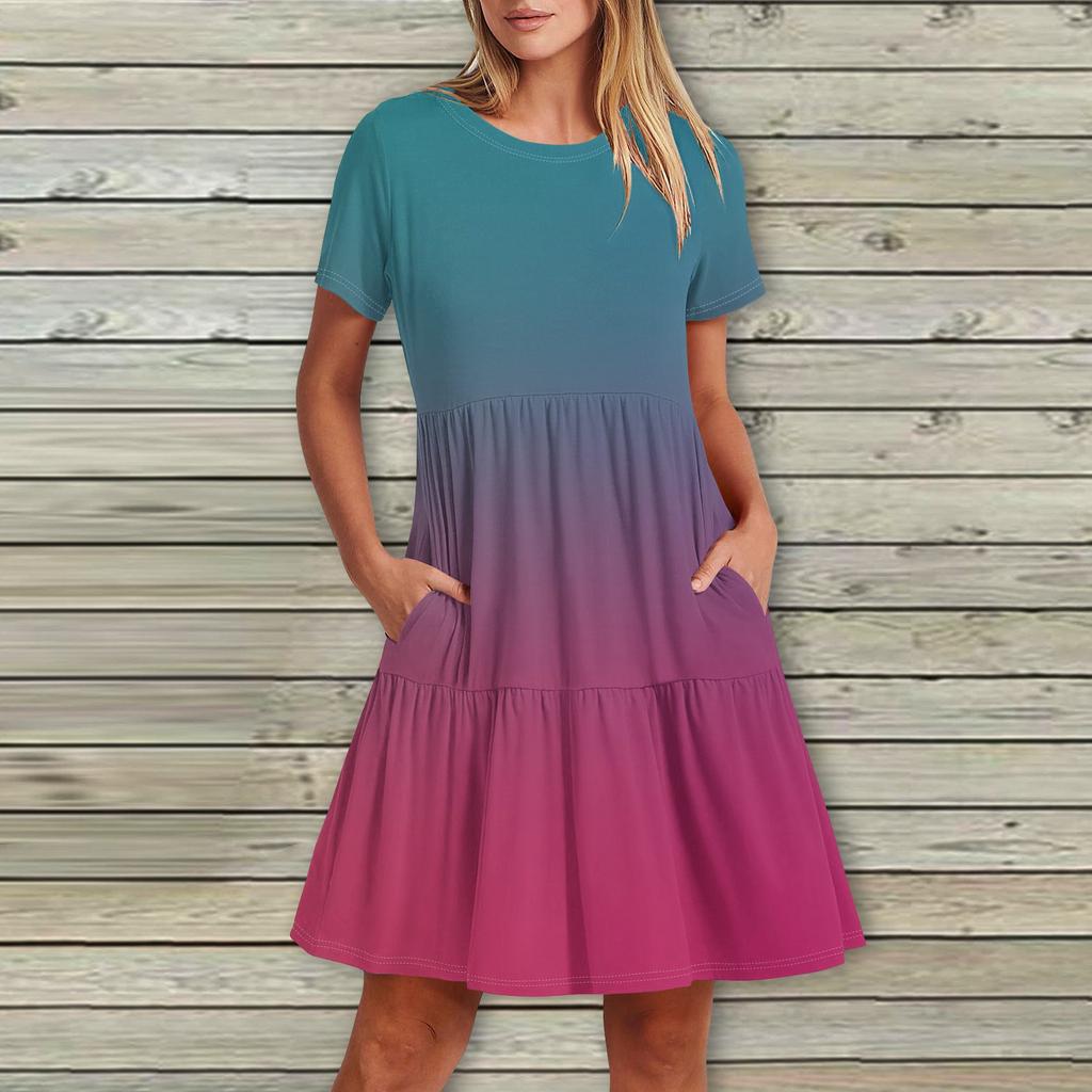 Женское повседневное модное платье-миди с круглым вырезом и коротким рукавом с принтом и карманом