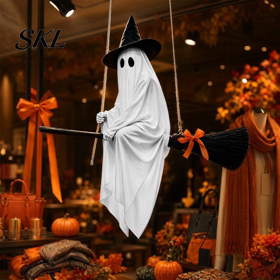 Cute Ghost with Broom Decoration Hanging Halloween Witch Hat and Broom, Spooky Flying Creative Welcome Ornament for Haunted House Porch Tree