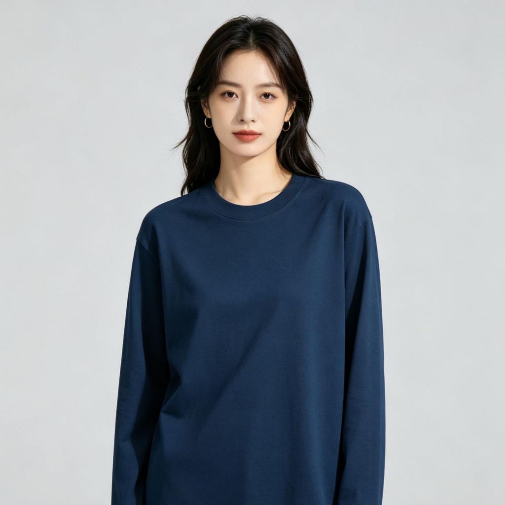 260G heavy versatile pure cotton round neck long-sleeved sweater women's basic solid color bottoming shirt loose shoulder long-sleeved clothes