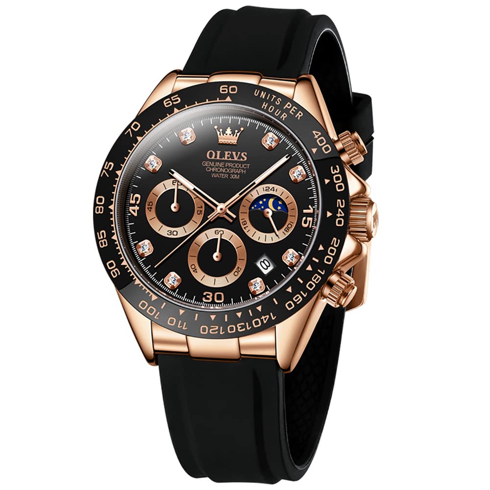 OLEVS Men's Sports Quartz Chronograph Watch Black Silicone Strap Rose Black Dial Date Display 41.5mm Waterproof