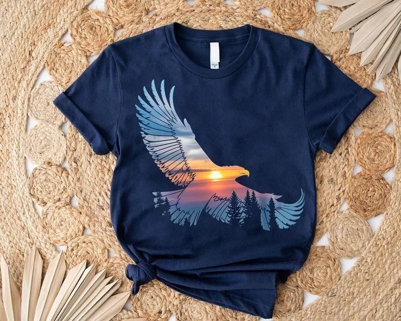 Vintage Sunset Eagle Trendy Forest Landscape Wildlife Graphic Cotton Unisex Tee
