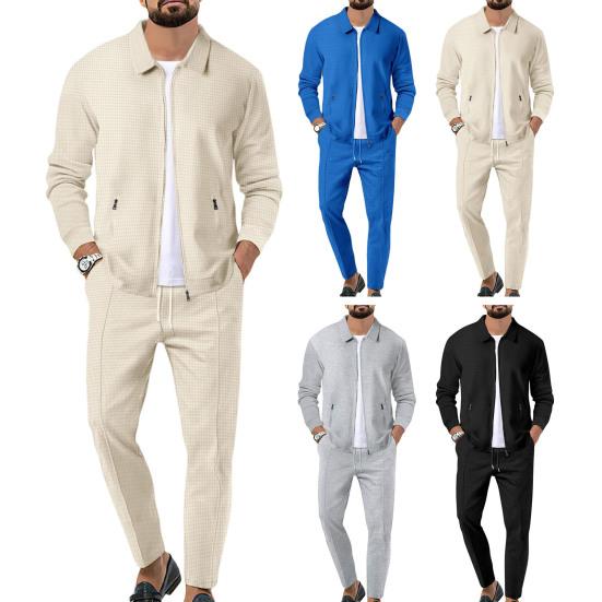 2Pcs/Set Men Outfit Lapel Long Sleeve Zipper Placket Coat Elastic Waist Adjustable Drawstring Long Pants Set