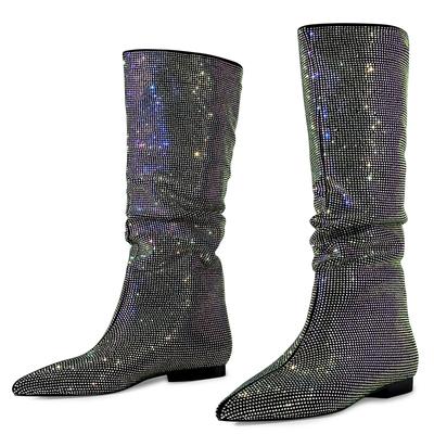 Роскошные хрустальные ботфорты до колена для женщин 2025 Новые тренды Осень Зима Длинная обувь Женские ковбойские сапоги Большой размер Бренд Хрусталь