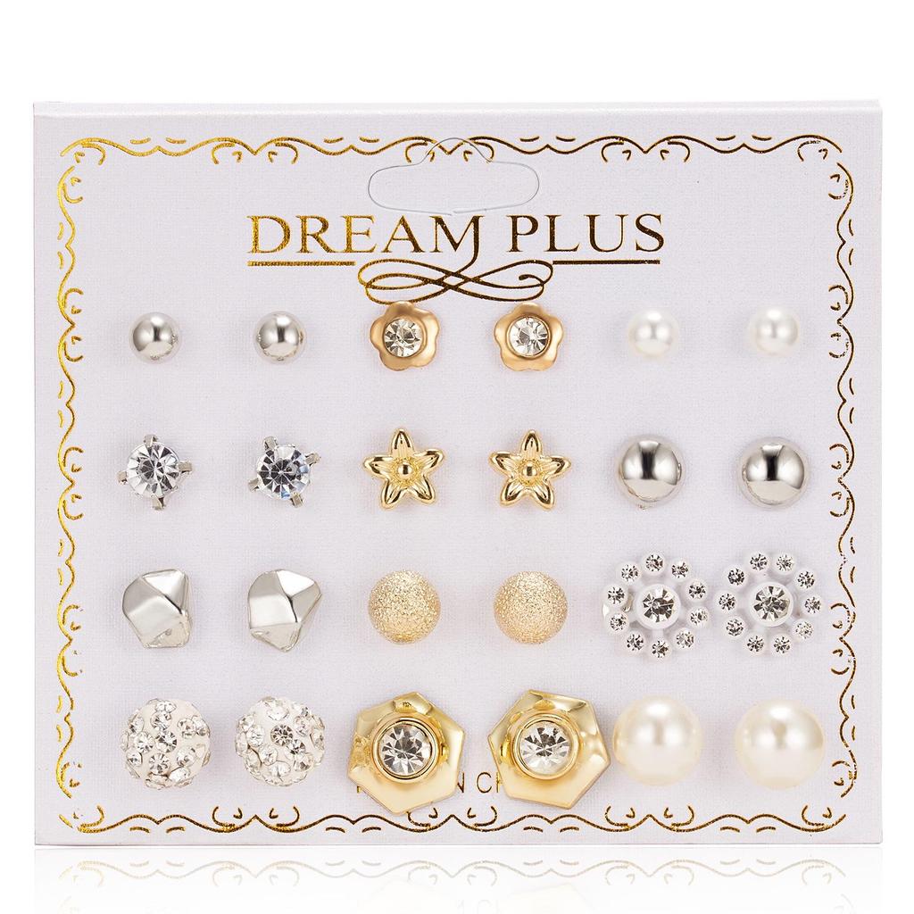 12 Pairs of Zircon Stud Earrings: Pearl, Flower & Bow Designs