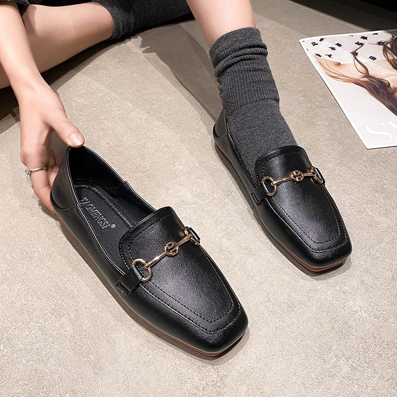 Профессиональные одинарные туфли, женские новые весенние маленькие кожаные туфли на плоском каблуке с квадратным носком, женские большие размеры, женские лоферы с одной педалью, два ношения