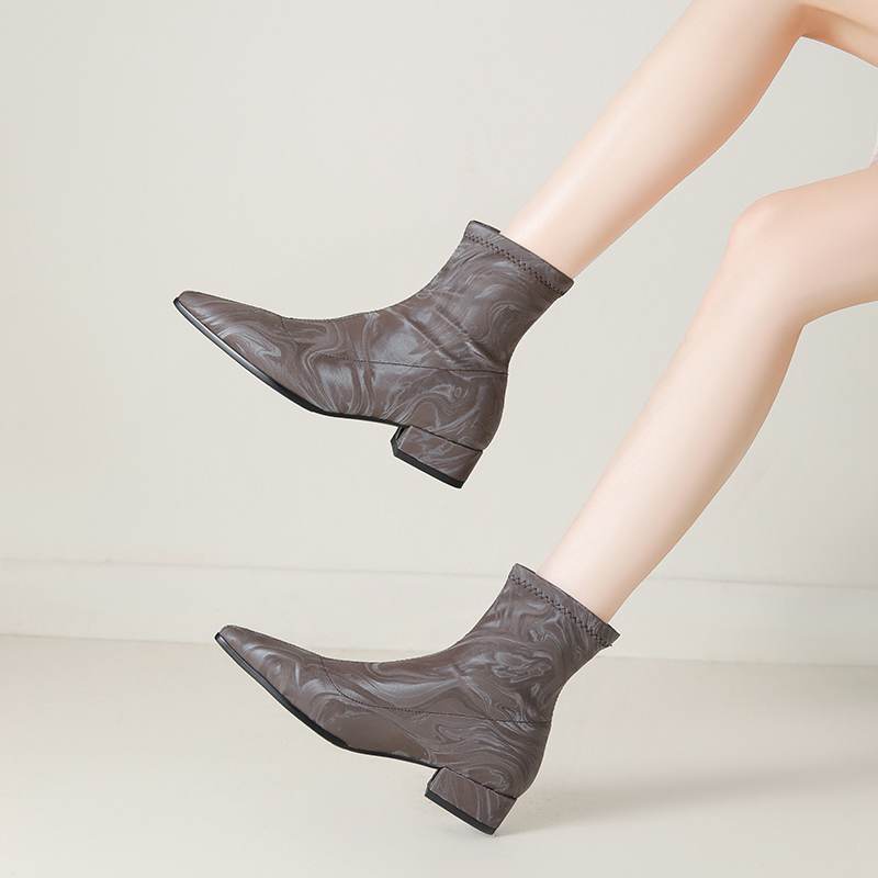 lenkisen PU Autumn Winter Shoes Thick Low Heels Printing Oriental Design Chelsea Boots Keep Warm Beauty Lady Ankle Boots