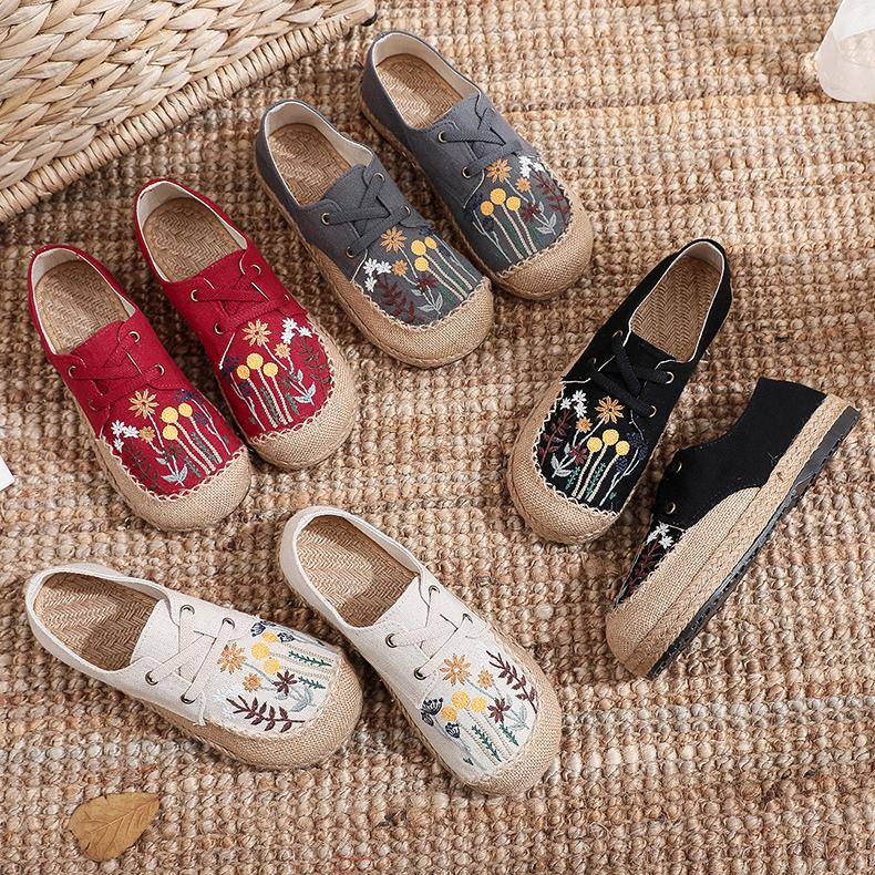 Johnature Flats Women Shoes Embroider Retro Lace-up Round Toe Cotton Linen Handmade Concise Comfortable Ladies Shoes