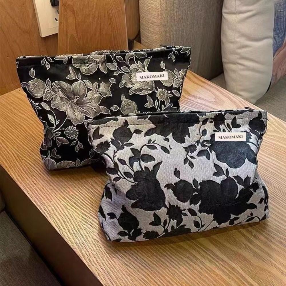 Portable Large Capacity Makeup Bag Zipper Multifunctional Cosmetic Bag Black Flower Toiletries Skincare Storage Bag
